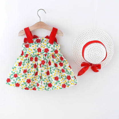 Vestido de verano para niña pequeña, versión coreana vestido Floral, elegante, algodón, pajarita, sombrero incluido