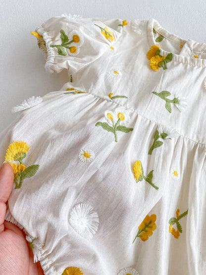 Pastoral niñas bebé bordado Floral mameluco de manga corta girasol mono infantil niño recién nacido ropa de bebé de una pieza