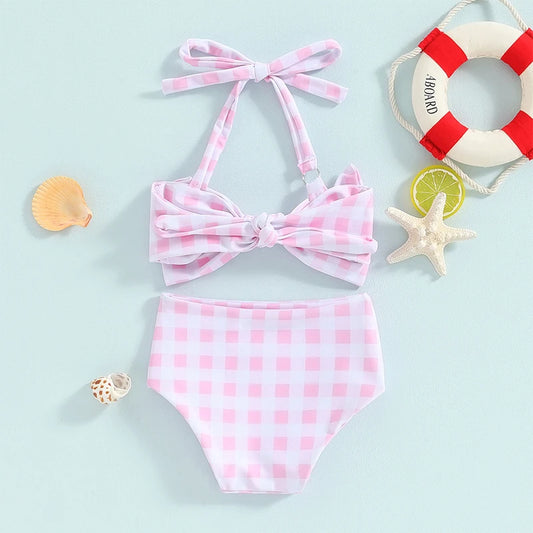 Conjunto de Bikini para niña pequeña, traje de baño de 2 piezas con cuello Halter, Bikini Floral sin mangas, Top anudado, pantalones cortos con estampado de flores a cuadros, 1-6T