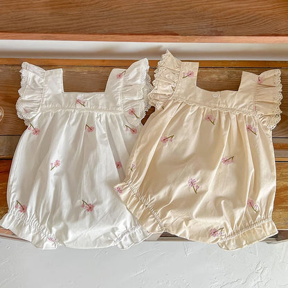 Mono para niñas recién nacidas, monos con bordado de flores de algodón y manga voladora, ropa para niñas pequeñas para verano
