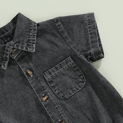 Mono vaquero para recién nacidos, niños y niñas, mono liso de manga corta con cuello vuelto, monos para bebés, monos informales con botones de verano
