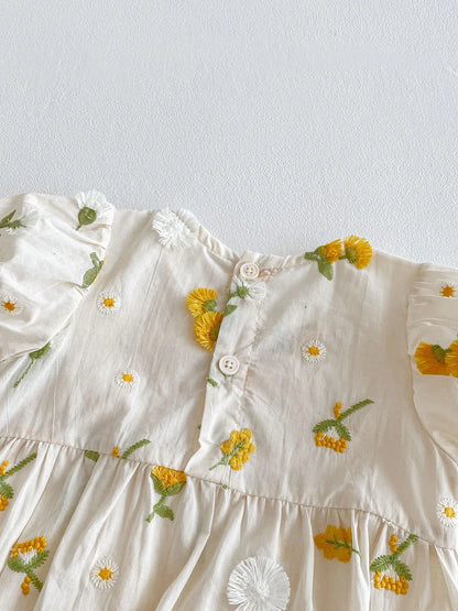 Pastoral niñas bebé bordado Floral mameluco de manga corta girasol mono infantil niño recién nacido ropa de bebé de una pieza