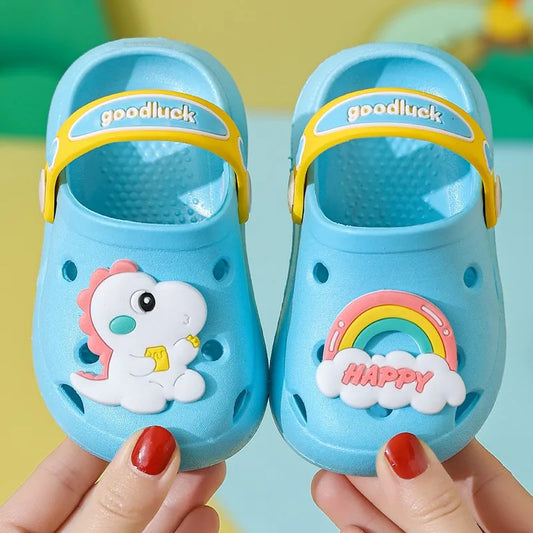 Zapatillas de baño para chico, sandalias de dinosaurio de dibujos animados, sandalias de verano para niño y niña, zapatillas antideslizantes de plástico suave para jardín