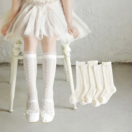 3 pares de medias con volantes de encaje blanco de princesa, calcetines de malla de verano para niñas, calcetines largos finos y transpirables para niños de 3 a 12 años, calcetines hasta la pantorrilla