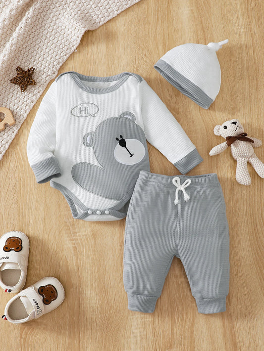 Waffle texture bear embroidery long-sleeved triangle jumpsuit casual trousers hat set, cute costume toddler boy clothes