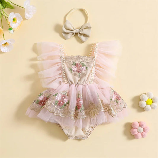 Pudcoco-traje para niña recién nacida, mameluco de manga con mosca de flores bordadas, diadema con lazo, ropa de verano de 0 a 24 meses