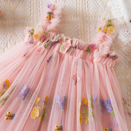 Vestido de verano para niñas pequeñas, tutú de malla hinchado, vestido con tirantes y bordado Floral de princesa, ropa de fiesta de cumpleaños para niñas pequeñas