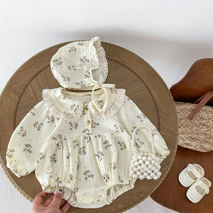 2025 primavera recién nacido bebé niñas mameluco + sombrero 2 uds solapa peleles florales niños moda ropa de bebé recién nacido niña mono