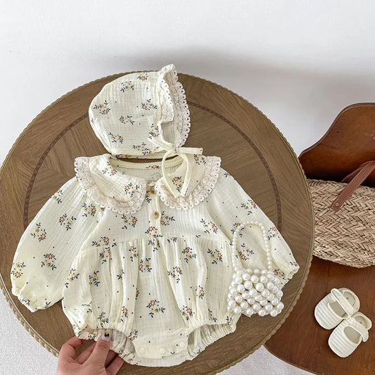 2025 primavera recién nacido bebé niñas mameluco + sombrero 2 uds solapa peleles florales niños moda ropa de bebé recién nacido niña mono