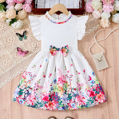 2025 nuevo vestido informal de estilo coreano de verano con bonito lazo estampado para niñas, ropa de fiesta de cumpleaños para niñas de 2 a 10 años