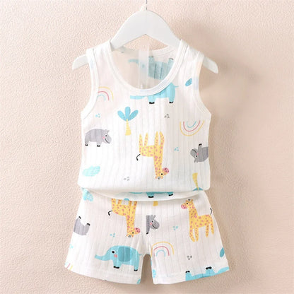 Pijamas de verano para niños, chaleco + Pantalones cortos, conjunto de ropa de 2 piezas, ropa informal de algodón con dibujos de León y jirafa para niños y niñas de 0 a 4 años