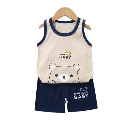 Conjunto de 2 piezas de chaleco y pantalones cortos transpirables de algodón para niños y niñas, chándal de verano con estampado de dibujos animados, ropa informal, traje de 1 a 6 años