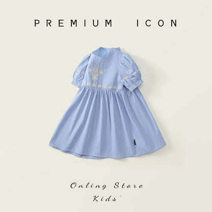 Vestido de Verano 2025 para Niña – Bordado Azul Cielo, Estilo Princesa con Mangas Cortas Abullonadas