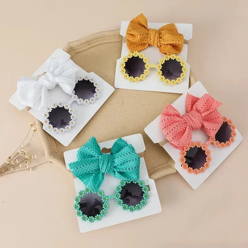 Juego de 2 uds de gafas de sol para niños, diadema con margaritas y flores, gafas de sol redondas para niños pequeños, gafas de protección solar para niñas