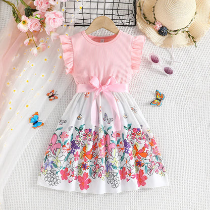 2025 nuevo vestido informal de estilo coreano de verano con bonito lazo estampado para niñas, ropa de fiesta de cumpleaños para niñas de 2 a 10 años