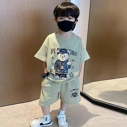 Camiseta y pantalones cortos de estilo coreano para niños de 1 a 12 años, conjuntos de ropa de 2 piezas, traje deportivo informal de verano con Oso de dibujos animados, a la moda