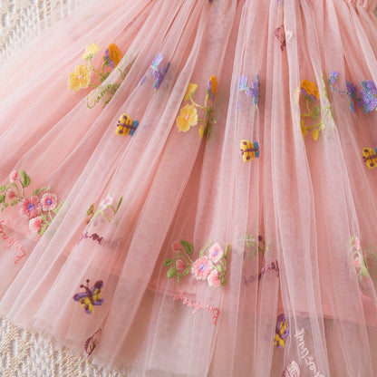 Vestido de verano para niñas pequeñas, tutú de malla hinchado, vestido con tirantes y bordado Floral de princesa, ropa de fiesta de cumpleaños para niñas pequeñas