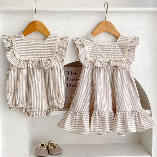 Ropa de moda para niñas de 0 a 6 años, vestido de encaje a rayas, novedad de verano, pelele para niñas, traje a juego para hermanas, vestidos de princesa