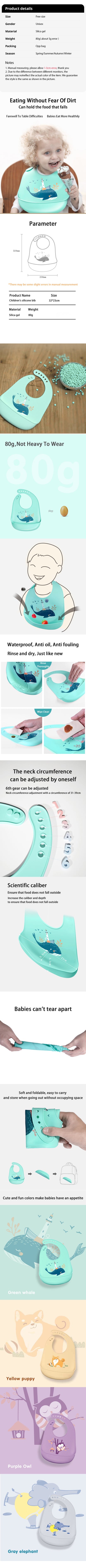 Baberos impermeables para bebé, bonito babero con estampado sólido para niños, babero de silicona suave ajustable para niña y niño, material de alimentación de bebé