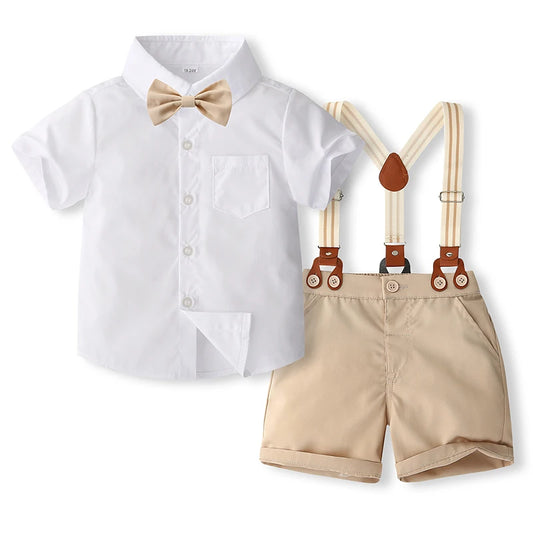 Pudcoco, trajes de caballero para niños pequeños, camiseta de manga corta, pantalones con pechera, pantalones cortos, pajarita, conjunto de 3 uds de verano 1-5T