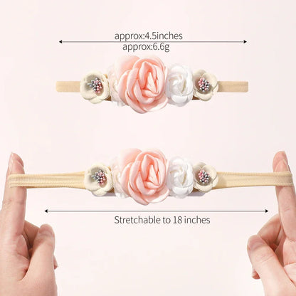 5 unids/lote, diadema elástica de nailon para bebé, banda para la cabeza con lazo de encaje y flores para recién nacido, accesorios suaves para el cabello para niña pequeña