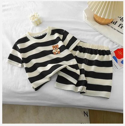 Ropa para niños, traje de manga corta para niños, Top a rayas + Pantalones cortos, camiseta de 2 piezas, ropa de verano para bebés, ropa para niños y niñas
