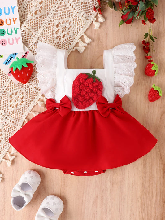 Verano 0-1 año de edad bebé moda tendencia lindo cómodo suave personalidad fresa vestido de una pieza patrón tridimensional