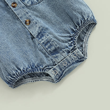 Mono vaquero para recién nacidos, niños y niñas, mono liso de manga corta con cuello vuelto, monos para bebés, monos informales con botones de verano