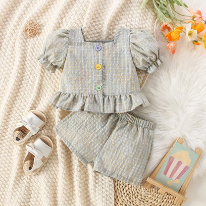 Conjunto de dos piezas de algodón a cuadros para niña, Top de manga de burbuja y pantalones cortos, estilo princesa, verano, 0 a 3 años
