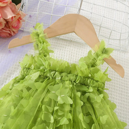 (0-3 años) novedad de verano, vestido para niñas, Color sólido, Halter, mariposa adornada, falda acampanada, vestido de princesa dulce de malla