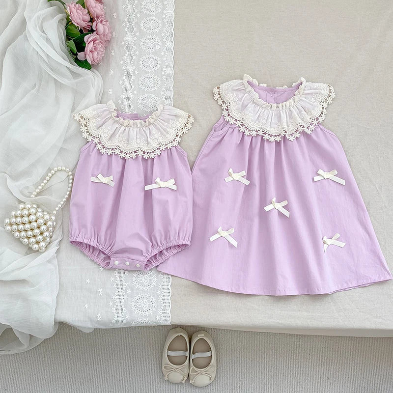 Vestido de encaje con cuello de pétalo para hermanas, peleles para bebés, ropa para niñas, vestido de princesa para fiesta con lazo, ropa dulce y bonita para niños