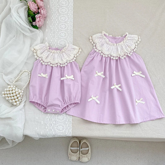 Vestido de encaje con cuello de pétalo para hermanas, peleles para bebés, ropa para niñas, vestido de princesa para fiesta con lazo, ropa dulce y bonita para niños
