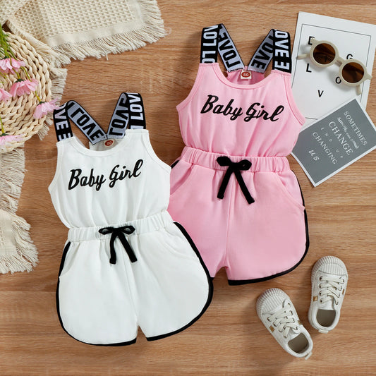 Pelele de verano para niñas pequeñas, sin mangas con cuello redondo y Mono corto estampado de letras, ropa de cintura elástica 9M-4T