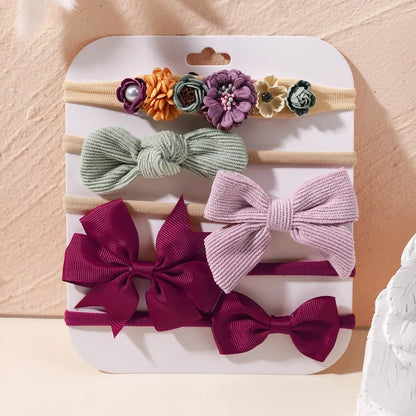 5 unids/lote, diadema elástica de nailon para bebé, banda para la cabeza con lazo de encaje y flores para recién nacido, accesorios suaves para el cabello para niña pequeña