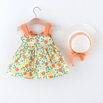 Vestido de verano para niña pequeña, versión coreana vestido Floral, elegante, algodón, pajarita, sombrero incluido