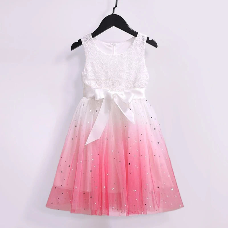 White Lace Summer Dress for Girls Short Sleeve Kids Birthday Princess Costume Tutu Wedding Flower Girls Dresses for 2-8 Yrs Girl