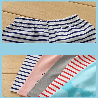 Verano niños niño 2 uds pantalones cortos de algodón suave ropa Casual transpirable niños niña bebé raya de dibujos animados deportes playa medio pantalón 2-5 Y