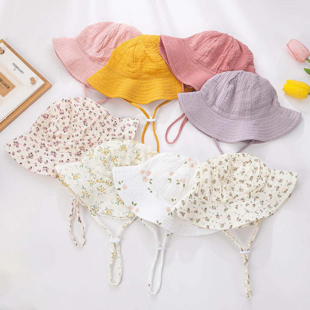 Sombreros de cubo con estampado Floral para bebé, gorros sólidos ajustables para niños y niñas, gorros con protección solar para exteriores, diademas para pesca en la playa