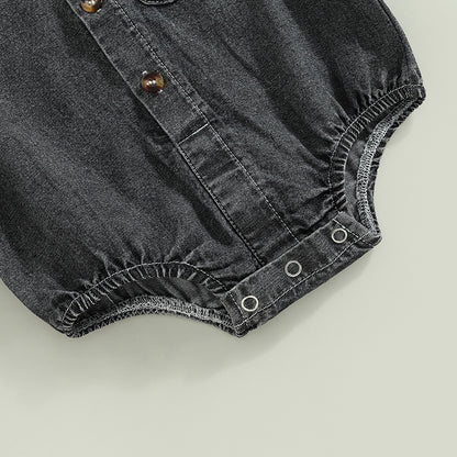 Mono vaquero para recién nacidos, niños y niñas, mono liso de manga corta con cuello vuelto, monos para bebés, monos informales con botones de verano