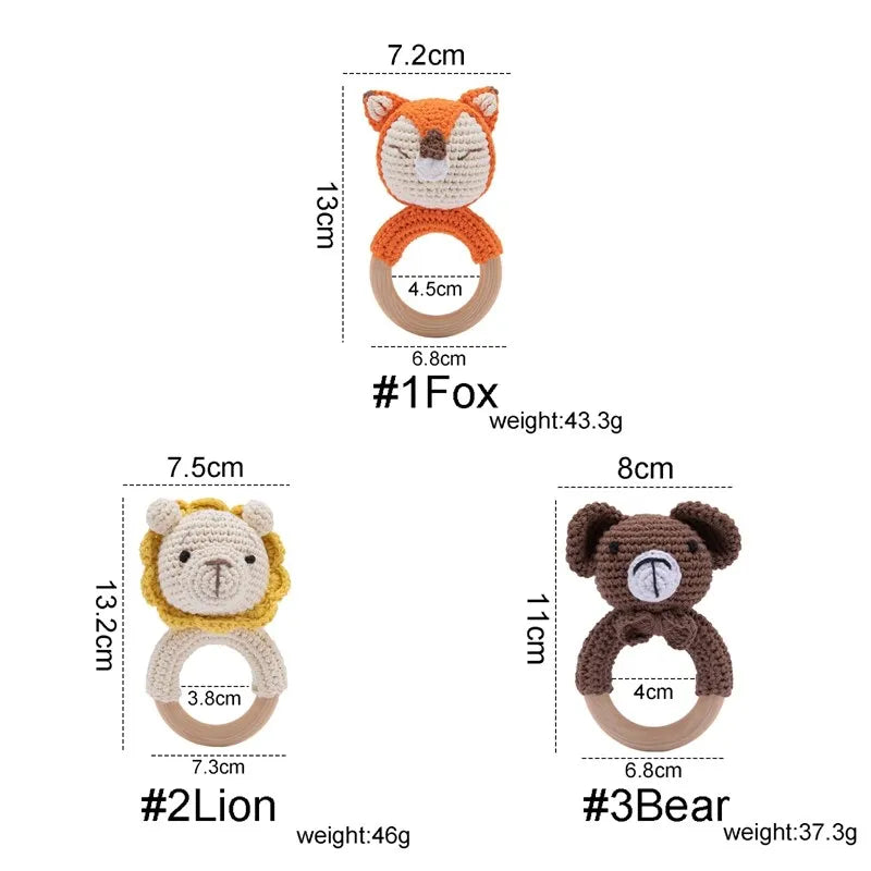 1 unidad de juguetes de sonajero para bebé, diseño de ganchillo de madera, conejo, conejo, zorro León, BearToy, regalo para recién nacido, mordedor de bebé, Crochet, nombre personalizado