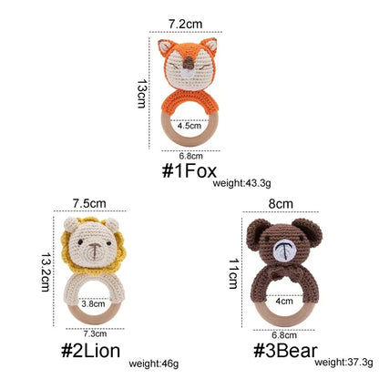 1 unidad de juguetes de sonajero para bebé, diseño de ganchillo de madera, conejo, conejo, zorro León, BearToy, regalo para recién nacido, mordedor de bebé, Crochet, nombre personalizado