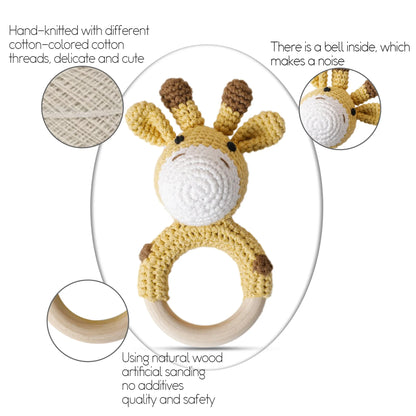 1 unidad de juguetes de sonajero para bebé, diseño de ganchillo de madera, conejo, conejo, zorro León, BearToy, regalo para recién nacido, mordedor de bebé, Crochet, nombre personalizado