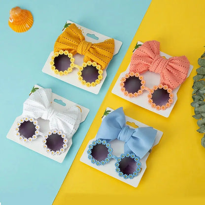 Juego de 2 uds de gafas de sol para niños, diadema con margaritas y flores, gafas de sol redondas para niños pequeños, gafas de protección solar para niñas