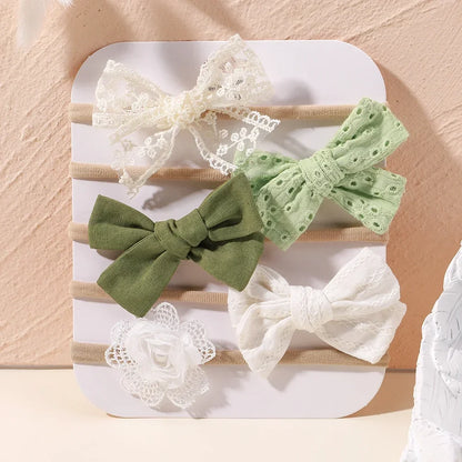 5 unids/lote, diadema elástica de nailon para bebé, banda para la cabeza con lazo de encaje y flores para recién nacido, accesorios suaves para el cabello para niña pequeña