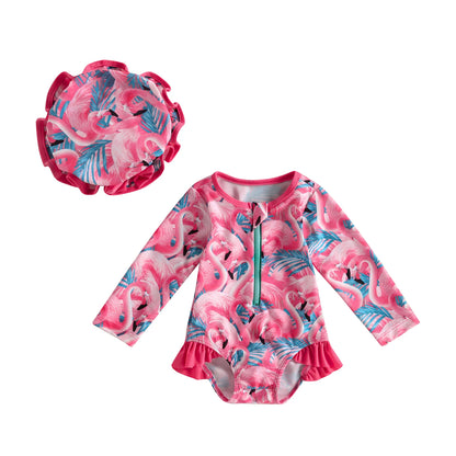 Traje de baño de manga larga para bebé y niña pequeña, Bañador con estampado de fresas y sombrero para el sol, 6M-3T