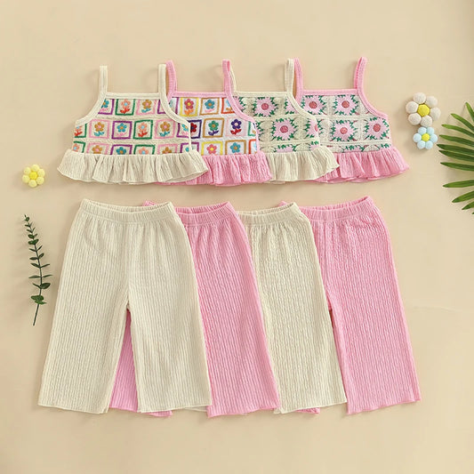 Pudcoco, conjunto de verano para niña pequeña con estampado de flores, tirantes finos con volantes, Tops sin mangas, pantalones de pierna ancha, conjunto de 2 uds 6M-4T