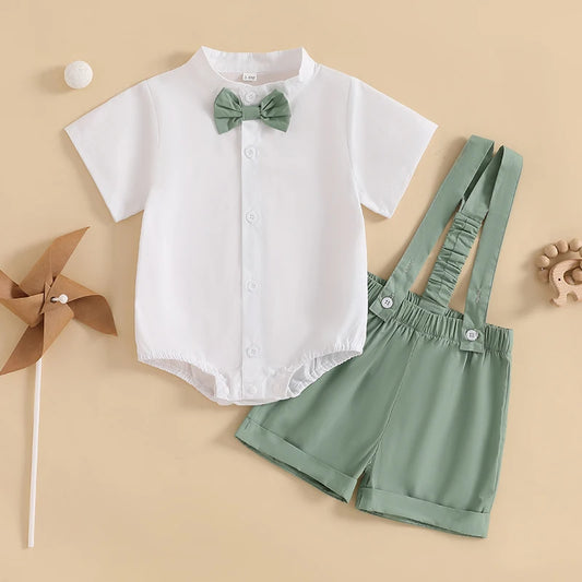 2024-12-04 Lioraitiin Summer Toddler Boys Clothes Set Gentleman Outfit Solid Color Short Sleeve Romper with Suspender Shorts Set