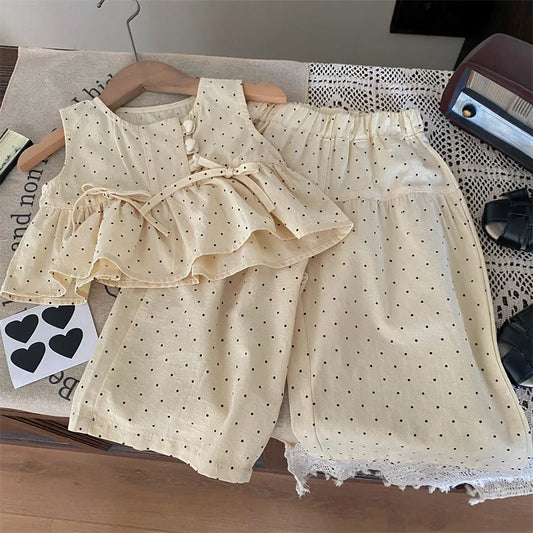 Bear Leader-Conjunto de ropa informal para niña, Top de lunares sin mangas con cuello redondo y pantalones de pierna ancha con lazo y botón, 2 piezas
