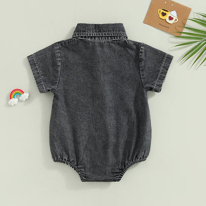 Mono vaquero para recién nacidos, niños y niñas, mono liso de manga corta con cuello vuelto, monos para bebés, monos informales con botones de verano
