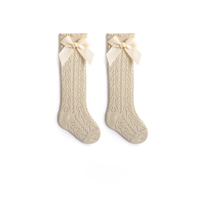 Calcetines de verano para niñas pequeñas, calcetín largo con lazo para niños hasta la rodilla, medias de malla de algodón suave, calcetines de encaje calados de estilo español de 0 a 3 años